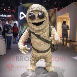 Olive Mummy mascot costume character dressed with a V-Neck Tee and Backpacks