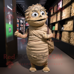 Olive Mummy mascot costume character dressed with a V-Neck Tee and Backpacks