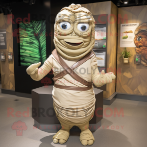 Olive Mummy mascot costume character dressed with a V-Neck Tee and Backpacks