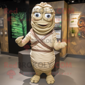 Olive Mummy mascot costume character dressed with a V-Neck Tee and Backpacks