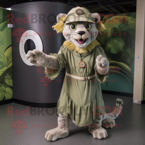 Olive Smilodon mascot costume character dressed with a Circle Skirt and Caps