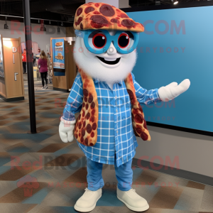 Blue Pizza Slice mascot costume character dressed with a Flannel Shirt and Reading glasses