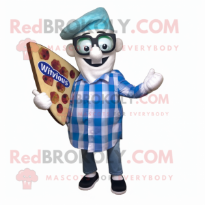 Blue Pizza Slice mascot costume character dressed with a Flannel Shirt and Reading glasses