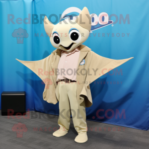 Beige Manta Ray mascot costume character dressed with a Oxford Shirt and Shoe clips