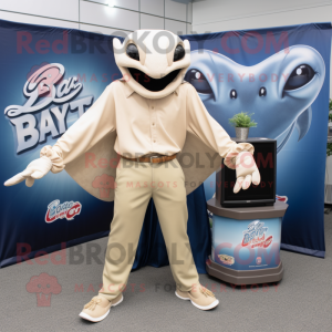 Beige Manta Ray mascot costume character dressed with a Oxford Shirt and Shoe clips