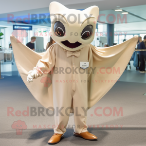Beige Manta Ray mascot costume character dressed with a Oxford Shirt and Shoe clips