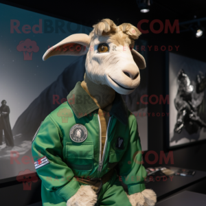 Green Boer Goat mascot costume character dressed with a Bomber Jacket and Ties