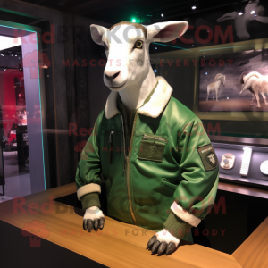 Green Boer Goat mascot costume character dressed with a Bomber Jacket and Ties