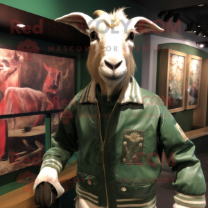 Green Boer Goat mascot costume character dressed with a Bomber Jacket and Ties