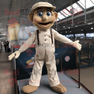 Beige Tightrope Walker mascot costume character dressed with a Dungarees and Lapel pins