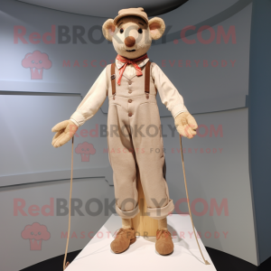 Beige Tightrope Walker mascot costume character dressed with a Dungarees and Lapel pins