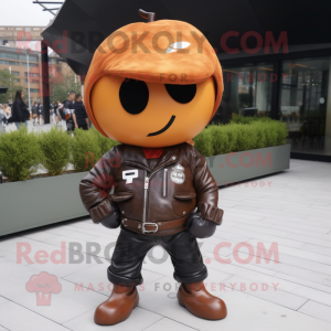 Rust Apple mascot costume character dressed with a Leather Jacket and Caps