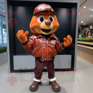 Rust Apple mascot costume character dressed with a Leather Jacket and Caps