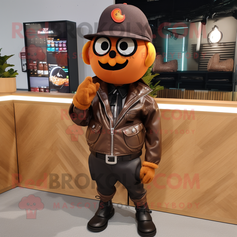 Rust Apple mascot costume character dressed with a Leather Jacket and Caps