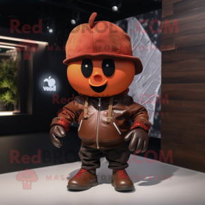 Rust Apple mascot costume character dressed with a Leather Jacket and Caps