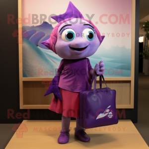 Purple Tuna mascot costume character dressed with a Pencil Skirt and Tote bags