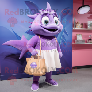 Purple Tuna mascot costume character dressed with a Pencil Skirt and Tote bags