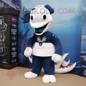 Navy Hydra mascot costume character dressed with a Poplin Shirt and Anklets