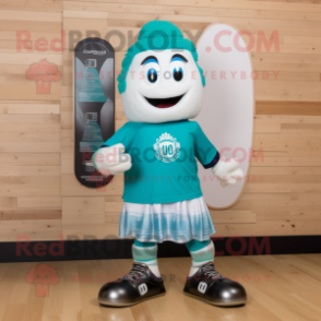 Cyan Irish Dancing Shoes mascot costume character dressed with a Board Shorts and Scarves