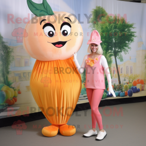 Peach Stilt Walker mascot costume character dressed with a Capri Pants and Foot pads