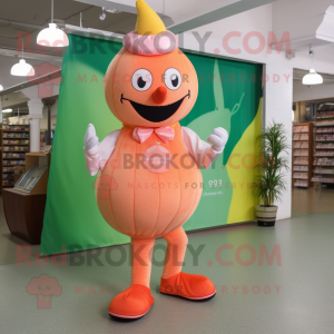 Peach Stilt Walker mascot costume character dressed with a Capri Pants and Foot pads