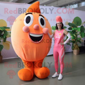 Peach Stilt Walker mascot costume character dressed with a Capri Pants and Foot pads