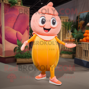 Peach Stilt Walker mascot costume character dressed with a Capri Pants and Foot pads