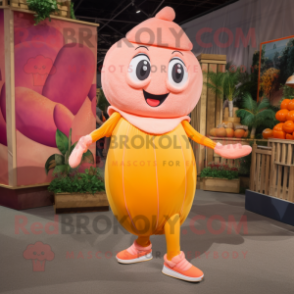 Peach Stilt Walker mascot costume character dressed with a Capri Pants and Foot pads