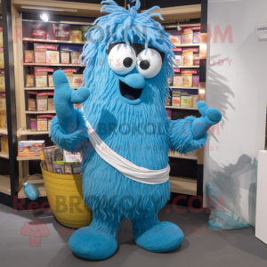 Blue Ramen mascot costume character dressed with a V-Neck Tee and Reading glasses