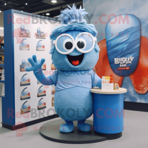 Blue Ramen mascot costume character dressed with a V-Neck Tee and Reading glasses