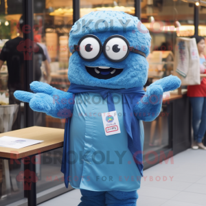 Blue Ramen mascot costume character dressed with a V-Neck Tee and Reading glasses