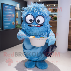 Blue Ramen mascot costume character dressed with a V-Neck Tee and Reading glasses