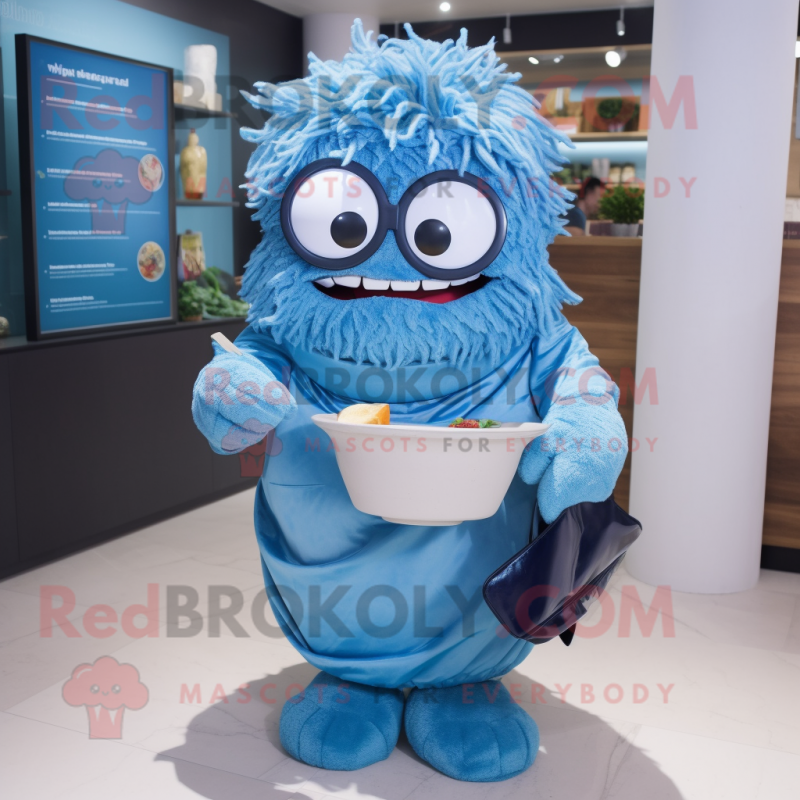 Blue Ramen mascot costume character dressed with a V-Neck Tee and Reading glasses Blue Ramen mascot costume character dressed with a V-Neck Tee and Reading glasses