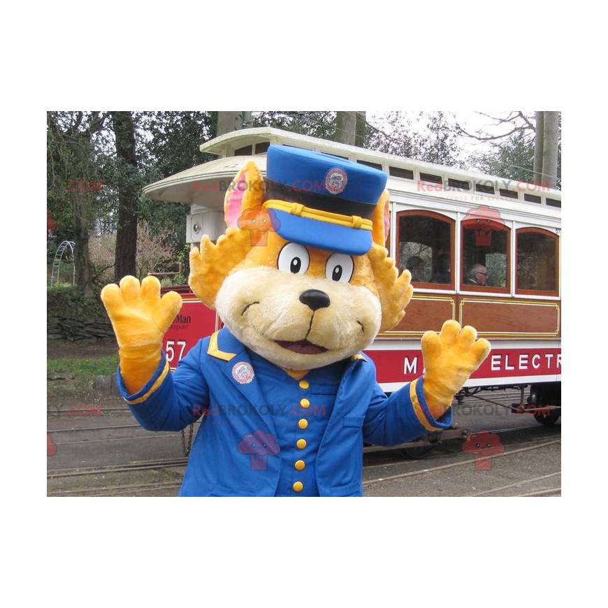 Mascote gato laranja vestido como controlador de trem -