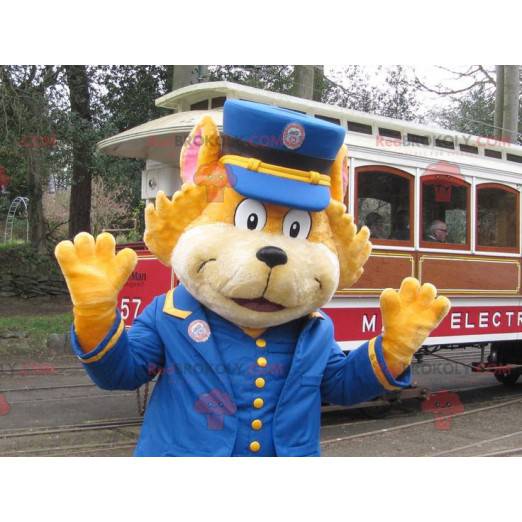 Mascote gato laranja vestido como controlador de trem -