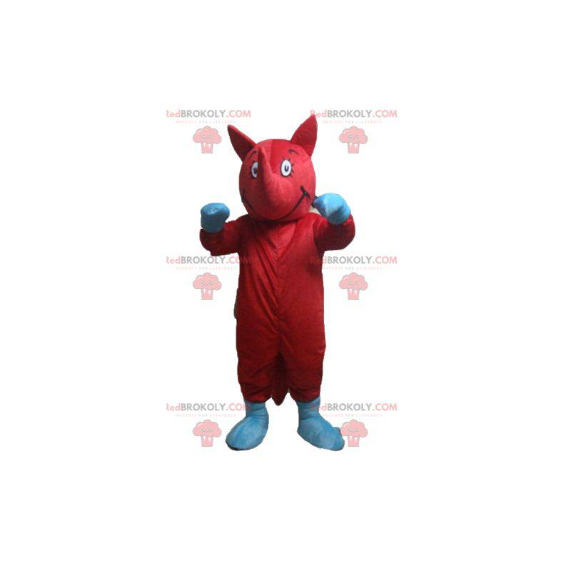 Mascote vermelho e azul de animal criatura atípica -