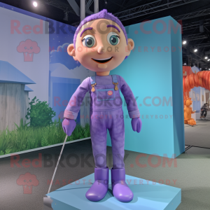 Lavender Trapeze Artist mascot costume character dressed with a Dungarees and Wraps