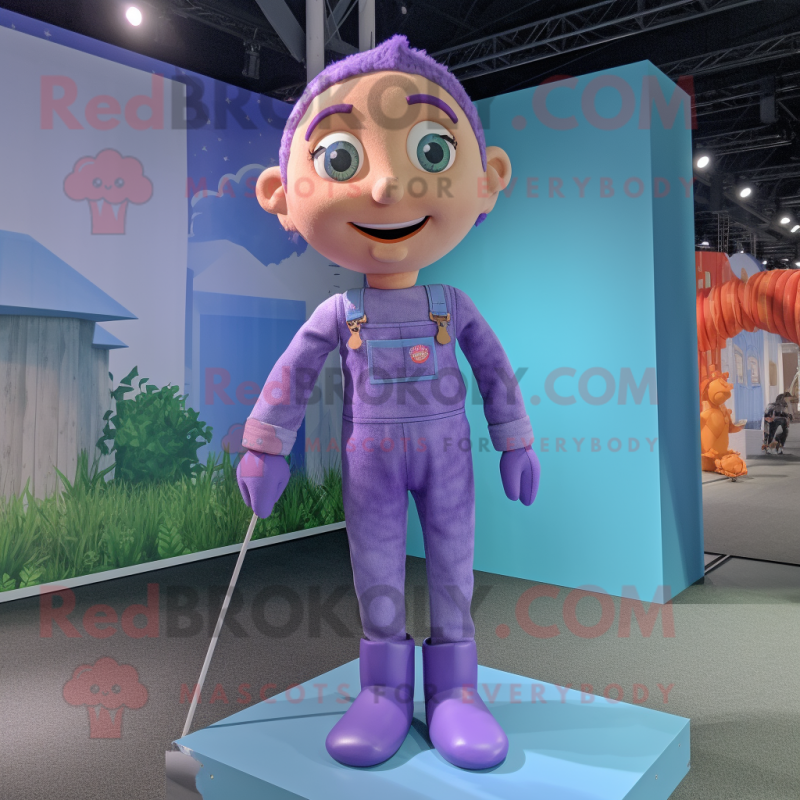 Lavender Trapeze Artist mascot costume character dressed with a Dungarees and Wraps Lavender Trapeze Artist mascot costume character dressed with a Dungarees and Wraps