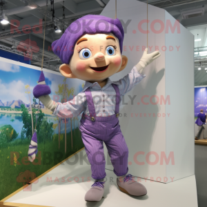 Lavender Trapeze Artist mascot costume character dressed with a Dungarees and Wraps