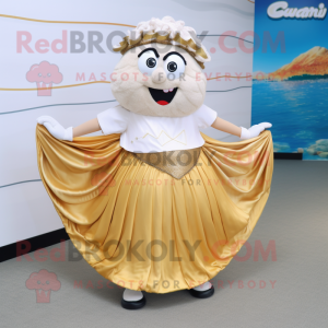 Gold Clam Chowder mascot costume character dressed with a Maxi Skirt and Hairpins