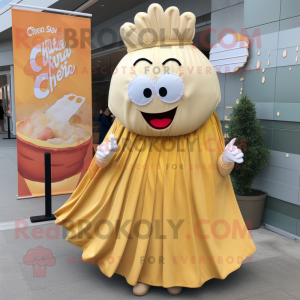 Gold Clam Chowder mascot costume character dressed with a Maxi Skirt and Hairpins