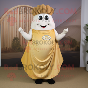 Gold Clam Chowder mascot costume character dressed with a Maxi Skirt and Hairpins