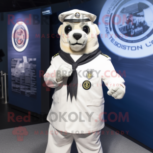 White Navy Seal mascot costume character dressed with a Suit Jacket and Cufflinks