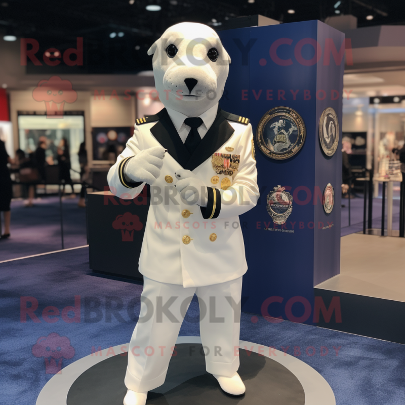 White Navy Seal mascot costume character dressed with a Suit Jacket and Cufflinks