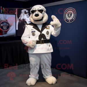 White Navy Seal mascot costume character dressed with a Suit Jacket and Cufflinks