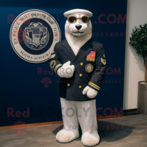 White Navy Seal mascot costume character dressed with a Suit Jacket and Cufflinks