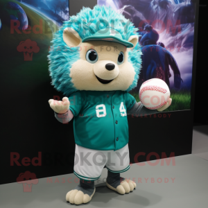 Cyan Hedgehog mascot costume character dressed with a Baseball Tee and Clutch bags