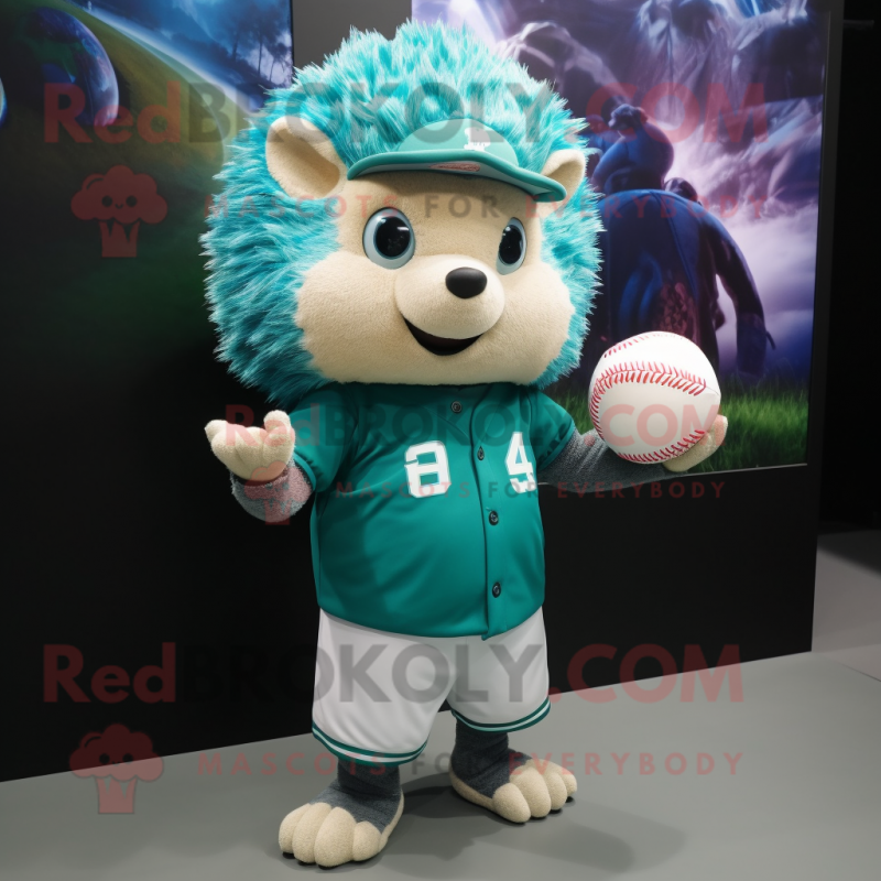 Cyan Hedgehog mascot costume character dressed with a Baseball Tee and Clutch bags Cyan Hedgehog mascot costume character dressed with a Baseball Tee and Clutch bags