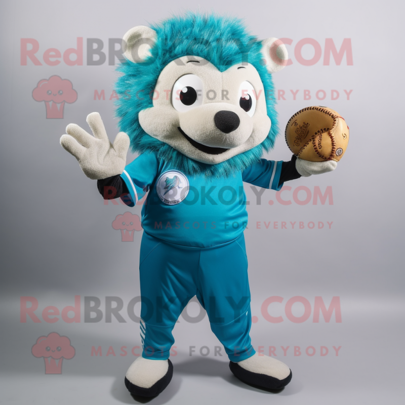 Cyan Hedgehog mascot costume character dressed with a Baseball Tee and Clutch bags