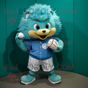 Cyan Hedgehog mascot costume character dressed with a Baseball Tee and Clutch bags